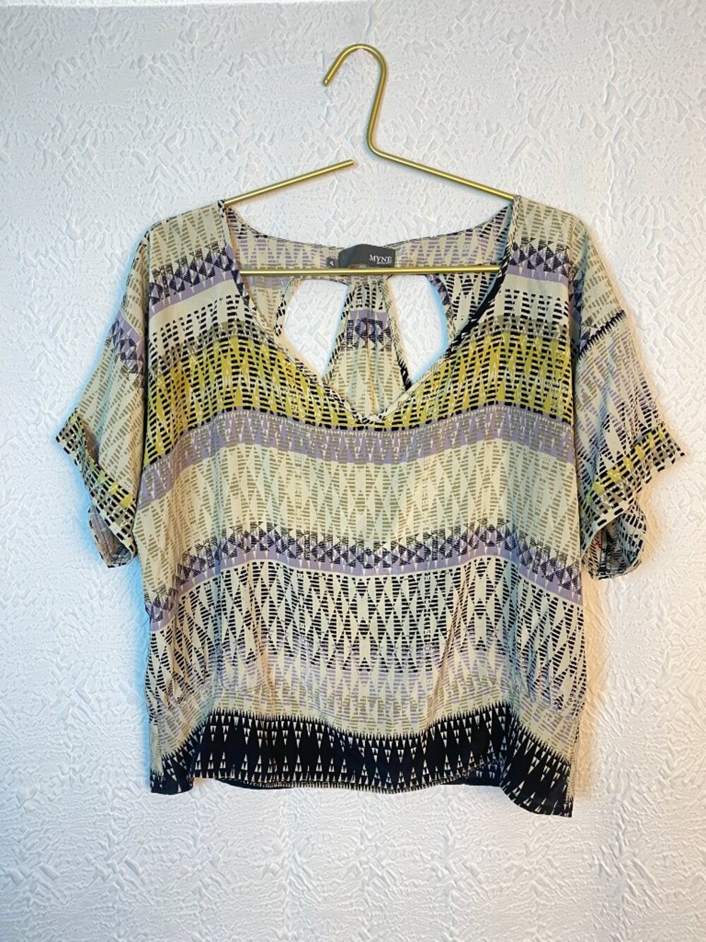 MYNE Ashley Ann 100% Silk Geometric Print Blouse Anthropologie Size 4